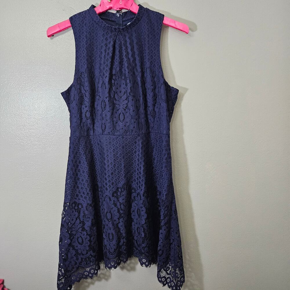 Love Fire Dark Navy Floral Lace High Neck Sleeveless Mini Dress XL Romantic